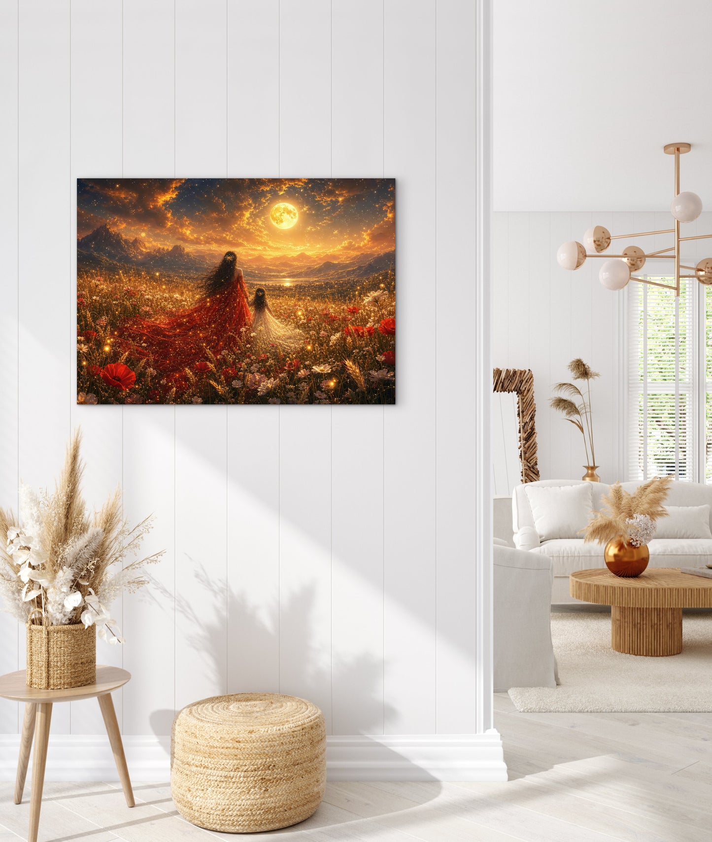 Framed Canvas- Vibrant Mother and Daughter Portrait Wildflowers Field Whimsical Landscape, Beautiful Gold Full Moon, Fantasy Floral Print
