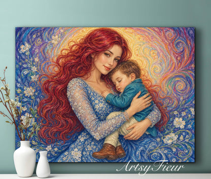 Framed canvas- ready to hang wall art print, vibrant colours crayon drawing abstract portrait mother and son, mother and baby boy, dark hair beautiful red hair woman , mothers day gilt, unique original artwork