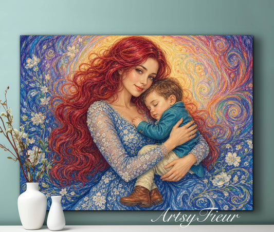 Framed canvas- ready to hang wall art print, vibrant colours crayon drawing abstract portrait mother and son, mother and baby boy, dark hair beautiful red hair woman , mothers day gilt, unique original artwork