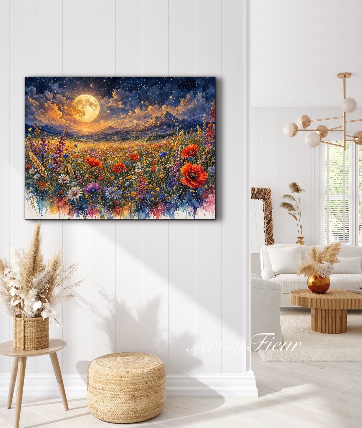 Framed Canvas Print- Vibrant Wildflowers and Poppies Oil Painting Textured Wall Art , Beautiful Original Artwork Ready to Hang Living Room, Floral