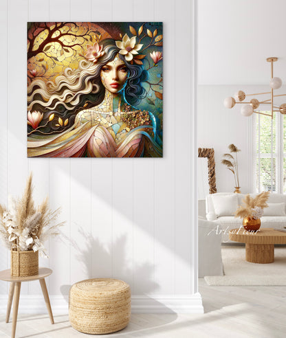 Framed canvas- Original Artwork Vibrant Magnolia Flowers Mosaic Portrait Beautiful Brunette Woman Wall Art Print