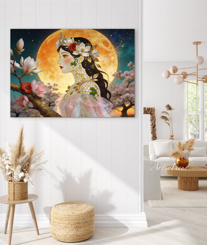 Framed Canvas- Vibrant Magnolia Flowers Beautiful Brunette Woman’s Abstract Portrait Mosaic Original Artwork Fantasy Wall Art Print Mother Nature