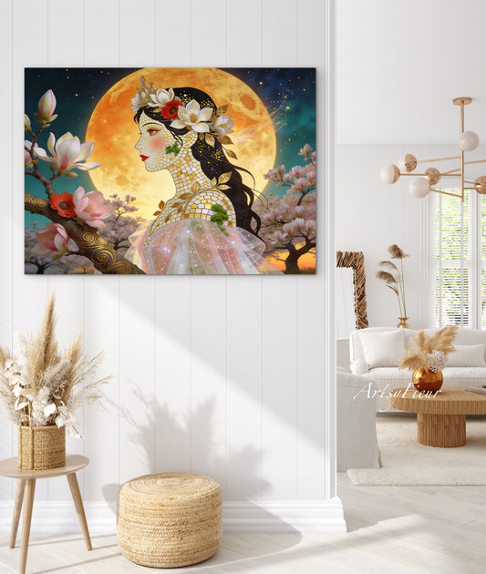 Framed Canvas- Vibrant Magnolia Flowers Beautiful Brunette Woman’s Abstract Portrait Mosaic Original Artwork Fantasy Wall Art Print Mother Nature