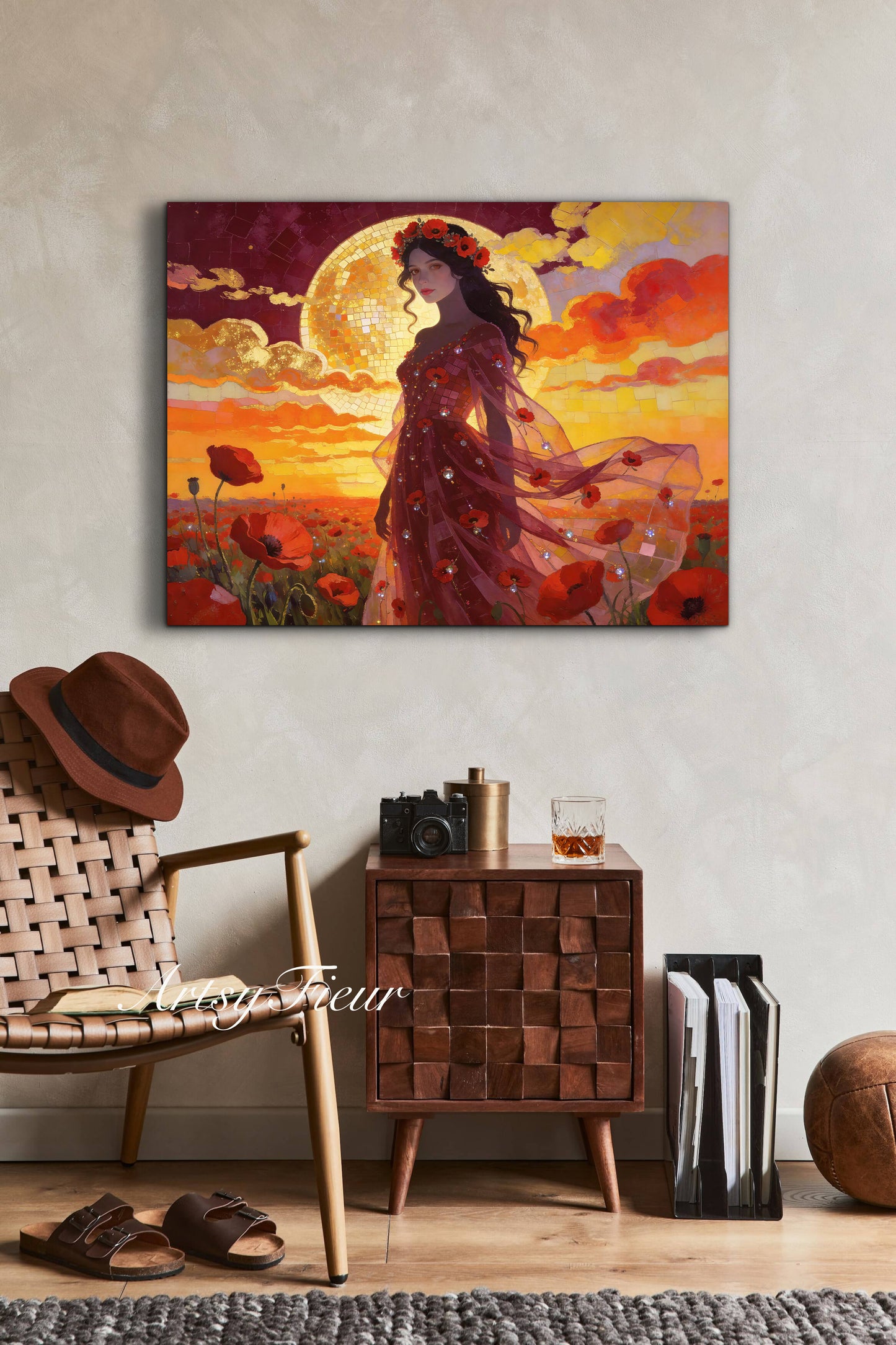 Framed Canvas - Vibrant Poppies Whimsical Full Moon Beautiful Brunette Woman in the Poppy Field, Wall Art Ready to hang Oil Painting Original Artwork Print