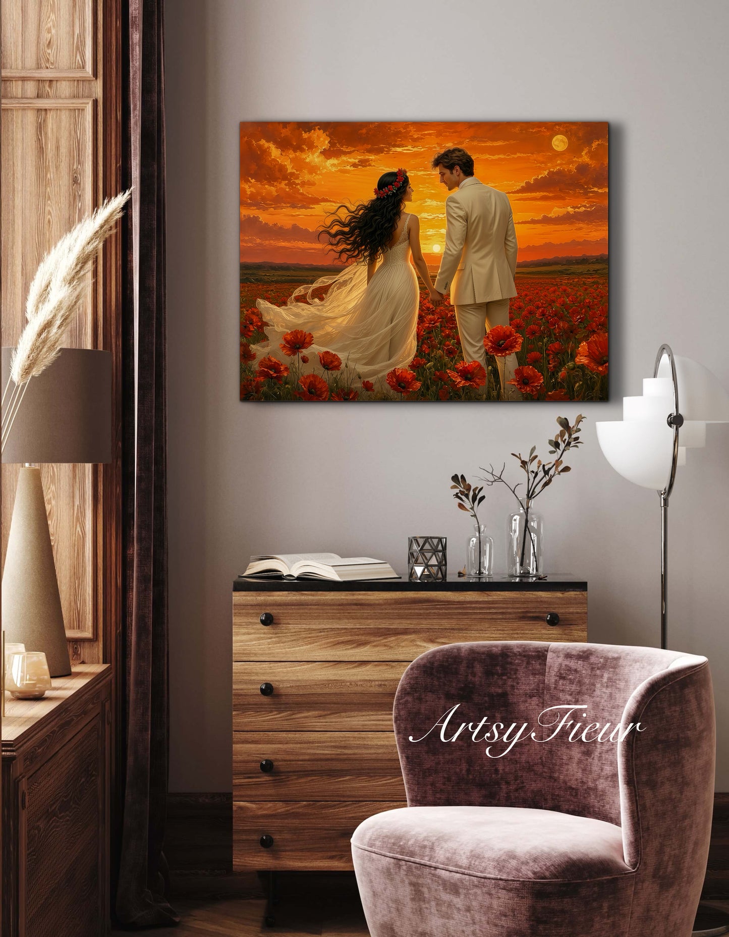 Framed canvas- whimsical full moon sunset bride and groom, wedding, poppy field, vibrant colours living room original artwork, fantasy oil painting wall art print