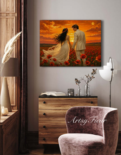 Framed canvas- whimsical full moon sunset bride and groom, wedding, poppy field, vibrant colours living room original artwork, fantasy oil painting wall art print