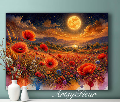 Framed Canvas Print- Vibrant Wildflowers and Poppies Oil Painting Textured Wall Art , Beautiful Original Artwork Ready to Hang Living Room, Floral