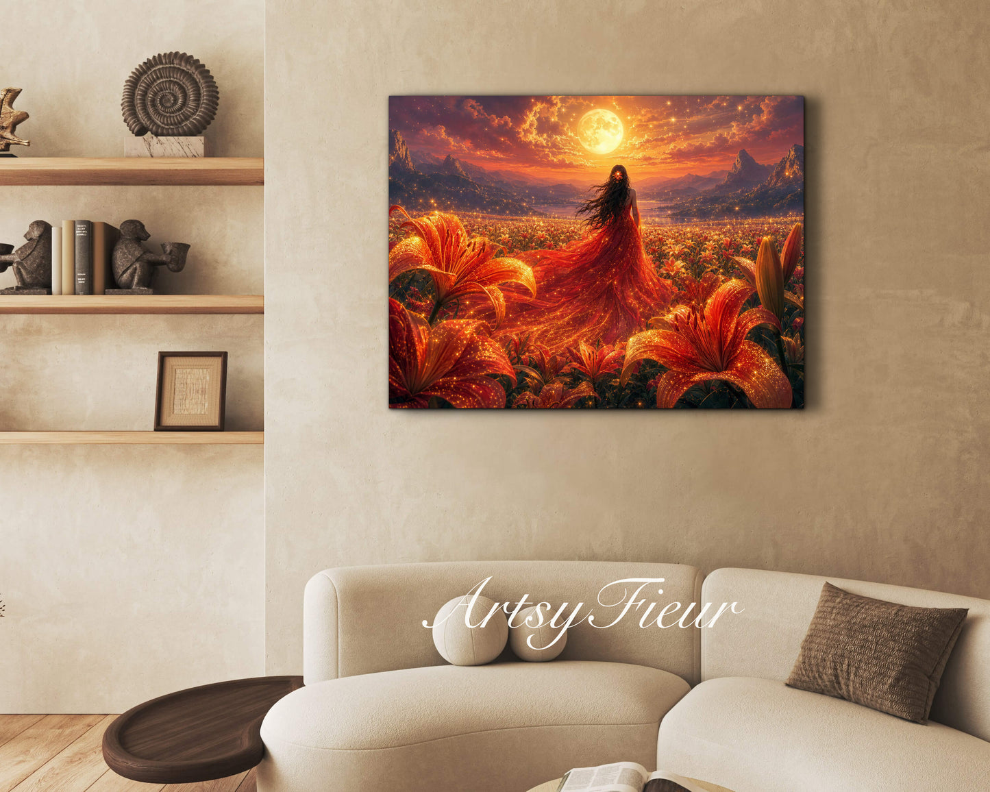 Framed Canvas - Vibrant Lilies Whimsical Full Moon Bride in Poppy Field, Wall Art Ready to hang Oil Painting Original Artwork Print Red Wedding Dress