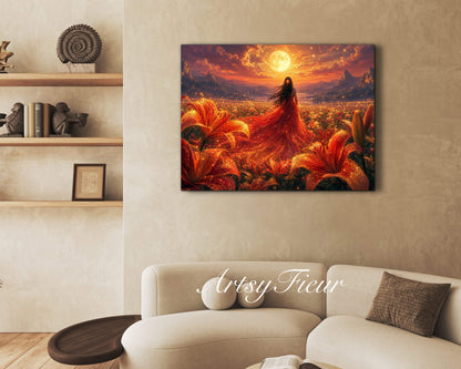 Framed Canvas - Vibrant Lilies Whimsical Full Moon Bride in Poppy Field, Wall Art Ready to hang Oil Painting Original Artwork Print Red Wedding Dress