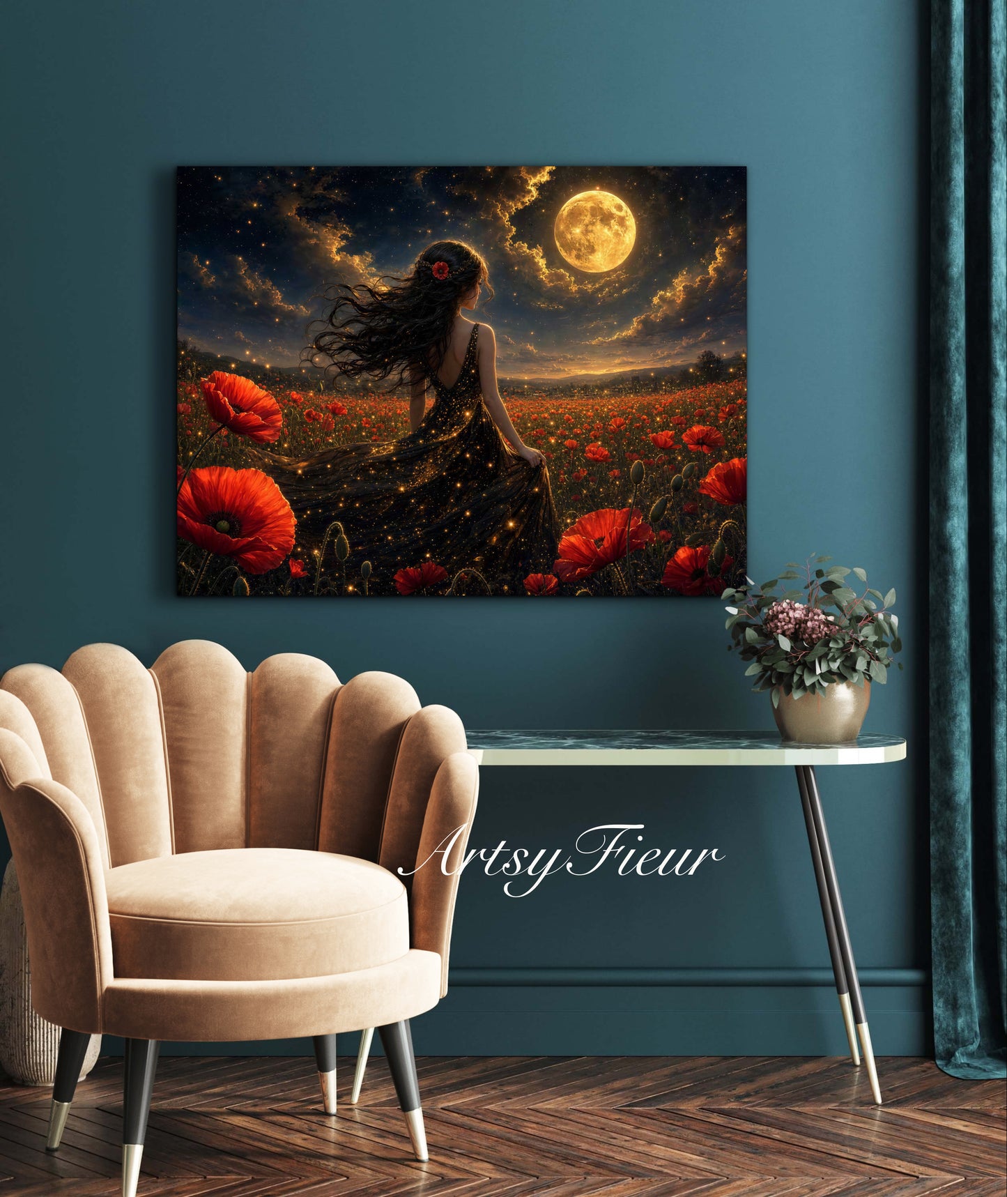 Framed Canvas - Vibrant Poppies Whimsical Full Moon Bride in Poppy Field, Wall Art Ready to hang Oil Painting Original Artwork Print Black Wedding Dress