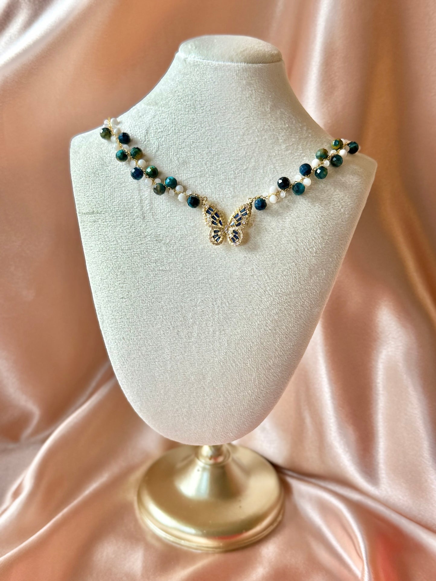 Blue Butterfly Necklace Handmade Braided Beaded | Natural Blue Tiger’s Eye Gemstone | Hypoallergenic| 18k Gold Plated