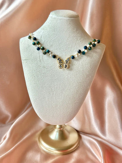 Blue Butterfly Necklace Handmade Braided Beaded | Natural Blue Tiger’s Eye Gemstone | Hypoallergenic| 18k Gold Plated