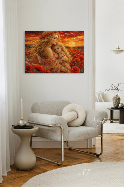 Framed Canvas- Vibrant Poppies Field Mother and Daughter Portrait Whimsical Full Moon Sunset Fantasy Oil Painting Wall Art Print