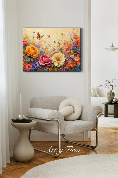 Framed Canvas Print- Vibrant Wildflowers and Petunias Oil Painting Textured Wall Art , Beautiful Original Artwork Ready to Hang Living Room, Floral