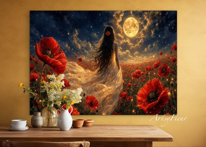 Framed Canvas - Vibrant Poppies Whimsical Full Moon Bride in Poppy Field, Wall Art Ready to hang Oil Painting Original Artwork Print
