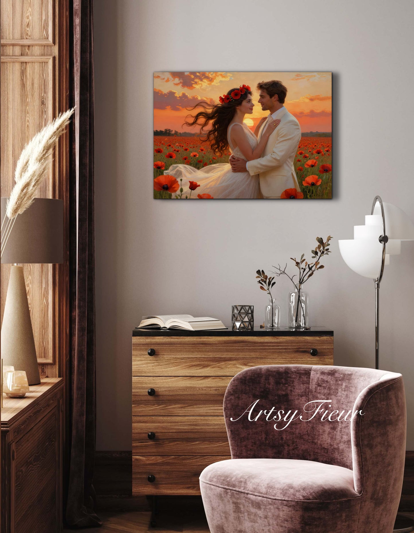 Framed canvas- whimsical full moon sunset bride and groom, wedding, poppy field, vibrant colours living room original artwork, fantasy oil painting wall art print