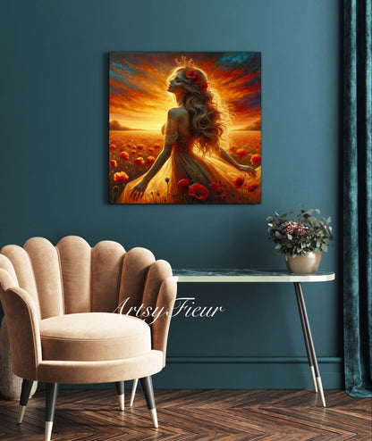 Framed canvas- Original Artwork Vibrant Poppies watercolour floral painting beautiful blondewoman ready to hang wall art print, abstract portrait colourful painting for living room