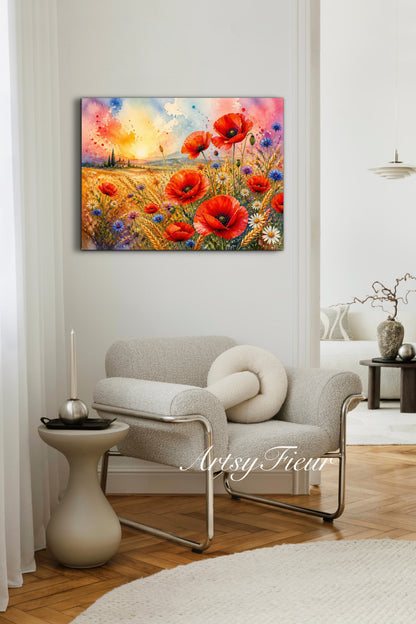 Framed Canvas Print- Vibrant Wildflowers and Poppies Oil Painting Textured Wall Art , Beautiful Original Artwork Ready to Hang Living Room, Floral