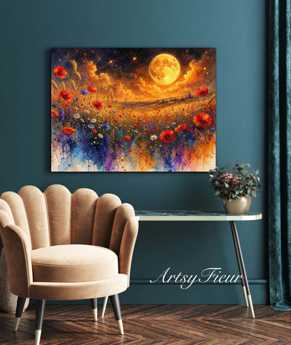 Framed Canvas Print- Vibrant Wildflowers and Poppies Oil Painting Textured Wall Art , Beautiful Original Artwork Ready to Hang Living Room, Floral