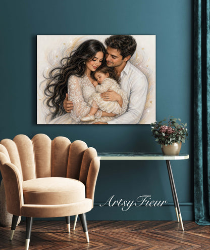 Framed Canvas- Vibrant Mother and Daughter Dad Family Portrait Fantasy Drawing Wall Art Print