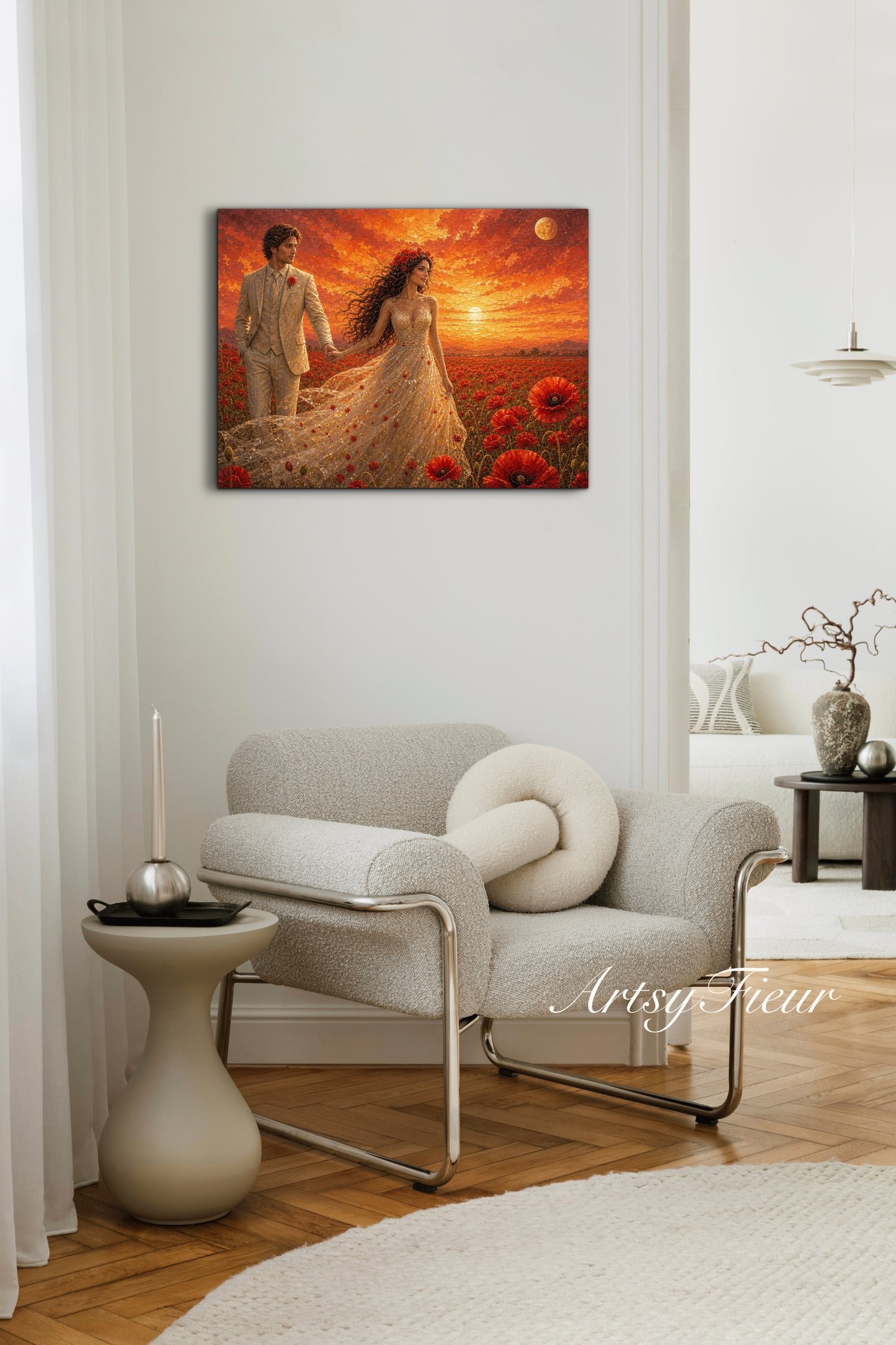 Framed canvas- whimsical full moon sunset -bride and groom, wedding gift, fantasy oil painting bedroom wall art print floral poppies field colourful vibrant colours