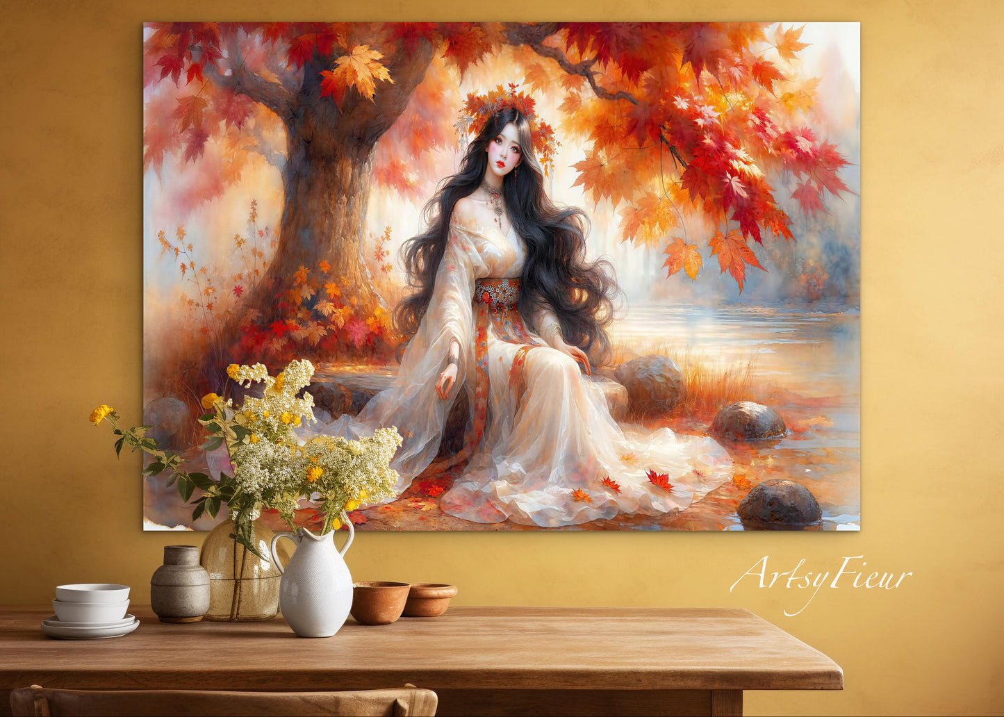 Framed Canvas- Vibrant Colours Beautiful Brunette Asian Woman Under the Maple Tree Abstract Portrait Original Artwork Fantasy Autumn Wall Art Print