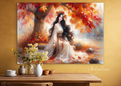 Framed Canvas- Vibrant Colours Beautiful Brunette Asian Woman Under the Maple Tree Abstract Portrait Original Artwork Fantasy Autumn Wall Art Print