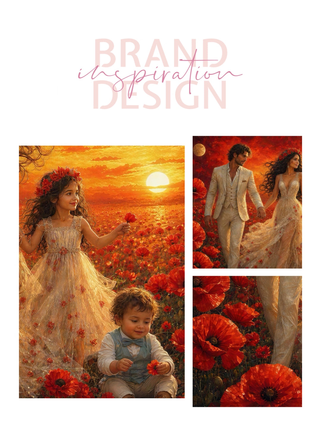 Framed Canvas- Vibrant Poppies Field Bride Groom Mother Daughter and Baby boy Portrait Whimsical Full Moon Sunset Fantasy Oil Painting Wall Art Print