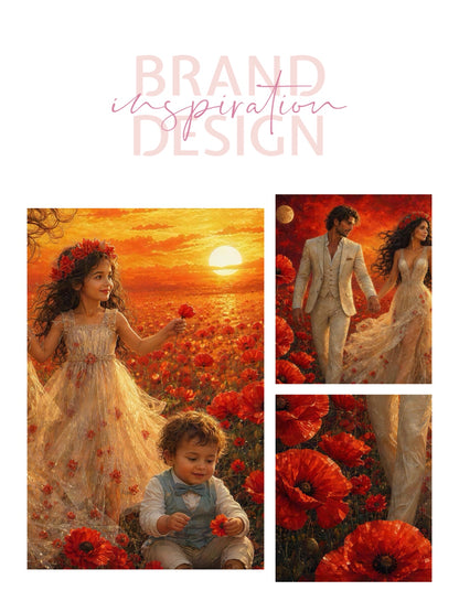 Framed Canvas- Vibrant Poppies Field Bride Groom Mother Daughter and Baby boy Portrait Whimsical Full Moon Sunset Fantasy Oil Painting Wall Art Print