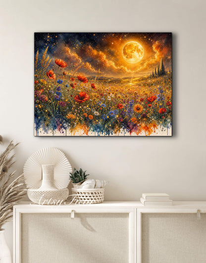 Framed Canvas Print- Vibrant Wildflowers and Poppies Oil Painting Textured Wall Art , Beautiful Original Artwork Ready to Hang Living Room, Floral