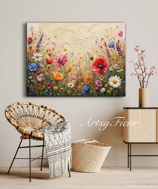 Framed Canvas Print- Vibrant Wildflowers Oil Painting Textured Wall Art , Beautiful Original Artwork Ready to Hang Living Room, Floral