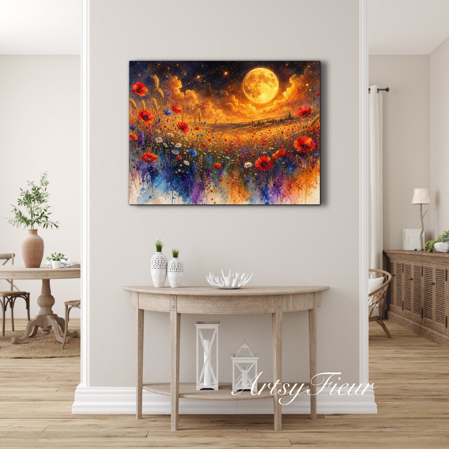 Framed Canvas Print- Vibrant Wildflowers and Poppies Oil Painting Textured Wall Art , Beautiful Original Artwork Ready to Hang Living Room, Floral