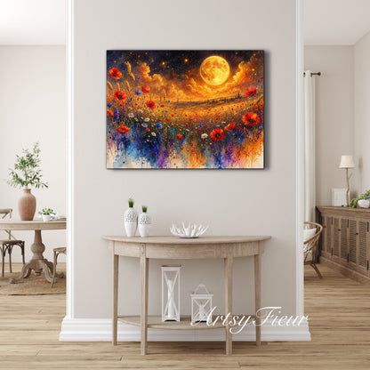 Framed Canvas Print- Vibrant Wildflowers and Poppies Oil Painting Textured Wall Art , Beautiful Original Artwork Ready to Hang Living Room, Floral