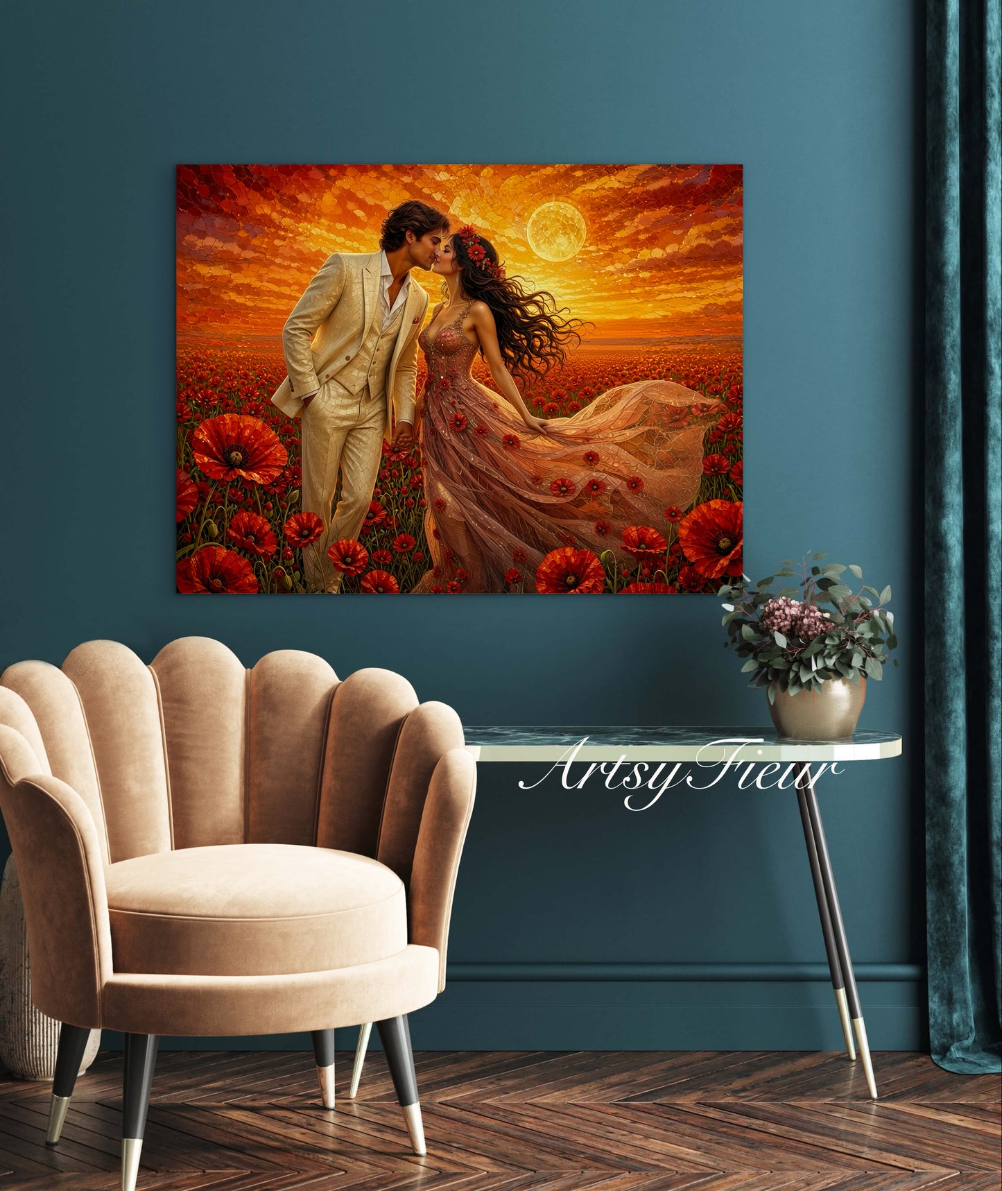 Framed canvas- whimsical full moon sunset bride and groom, wedding, poppy field, vibrant colours living room original artwork, fantasy oil painting wall art print