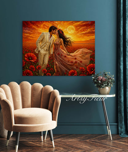 Framed canvas- whimsical full moon sunset bride and groom, wedding, poppy field, vibrant colours living room original artwork, fantasy oil painting wall art print