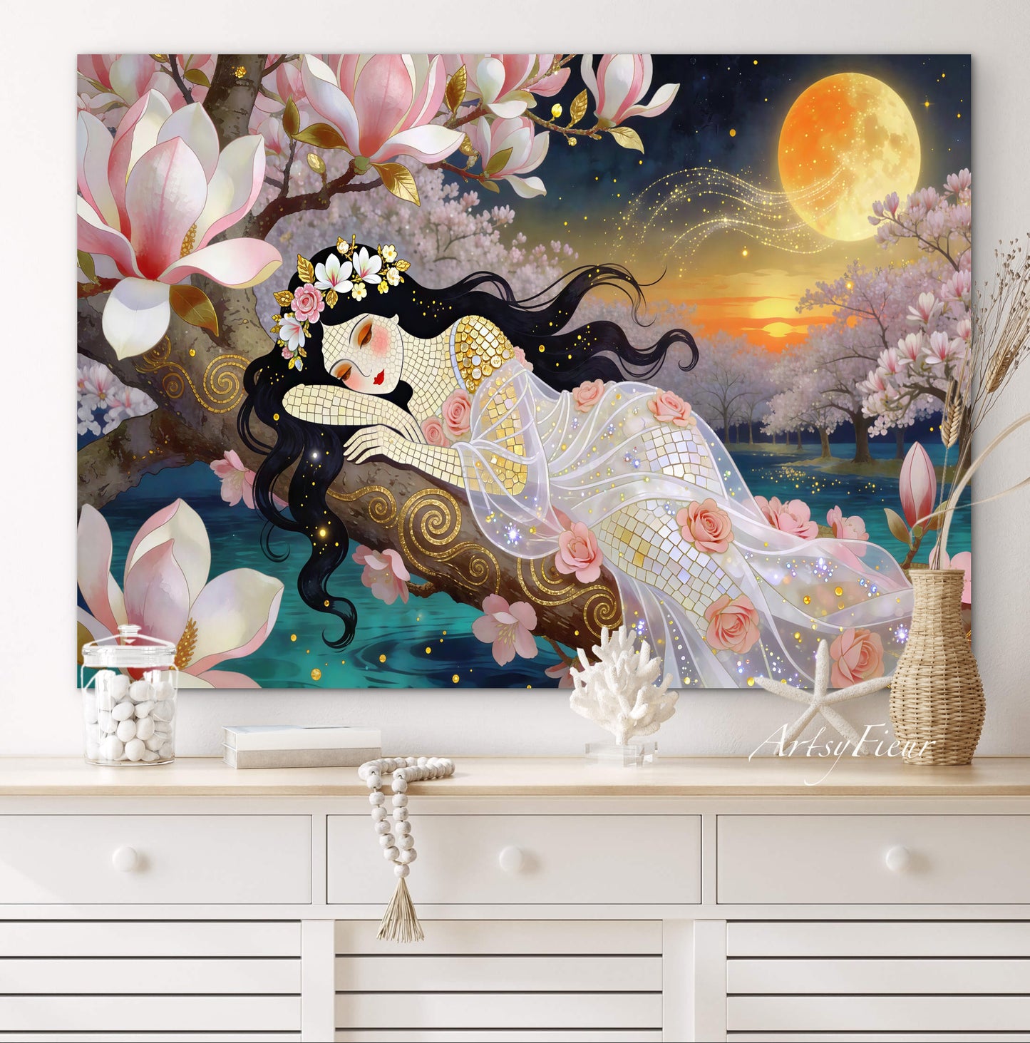 Framed Canvas- Vibrant Magnolia Flowers Beautiful Brunette Woman’s Abstract Portrait Mosaic Original Artwork Fantasy Wall Art Print