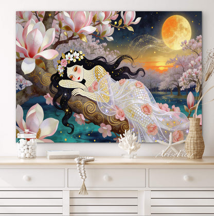 Framed Canvas- Vibrant Magnolia Flowers Beautiful Brunette Woman’s Abstract Portrait Mosaic Original Artwork Fantasy Wall Art Print