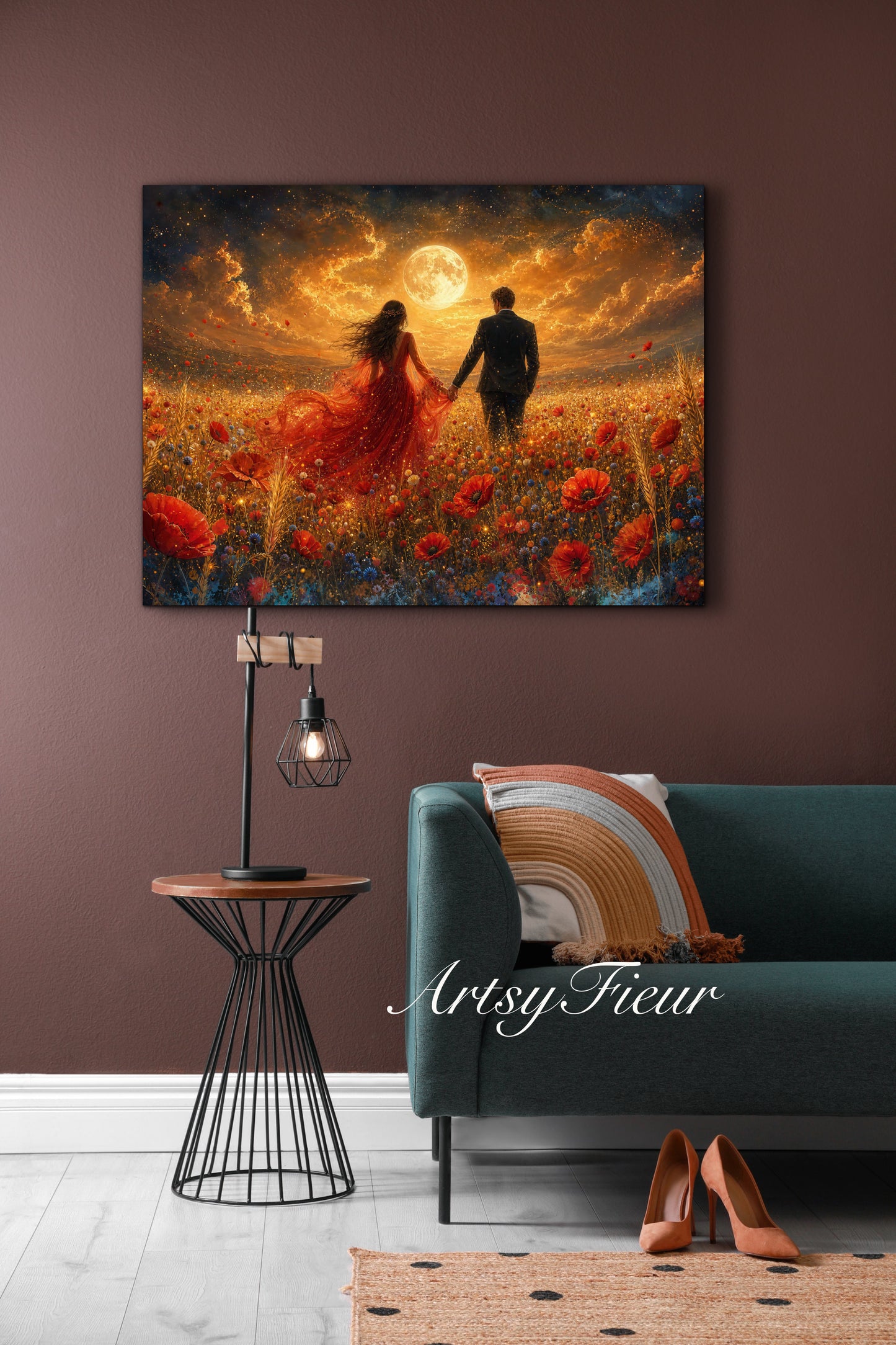 Framed canvas- whimsical full moon sunset -bride and groom, wedding gift, fantasy oil painting bedroom wall art print floral poppies field colourful vibrant colours