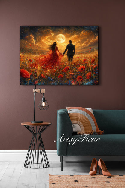 Framed canvas- whimsical full moon sunset -bride and groom, wedding gift, fantasy oil painting bedroom wall art print floral poppies field colourful vibrant colours