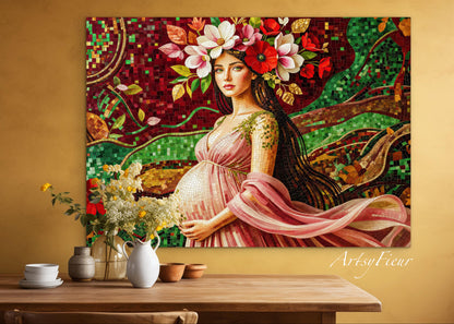 Framed Canvas- Vibrant Magnolia Flowers Beautiful Brunette Pregnant Woman’s Abstract Portrait Mosaic Original Artwork Fantasy Wall Art Print Mother Nature