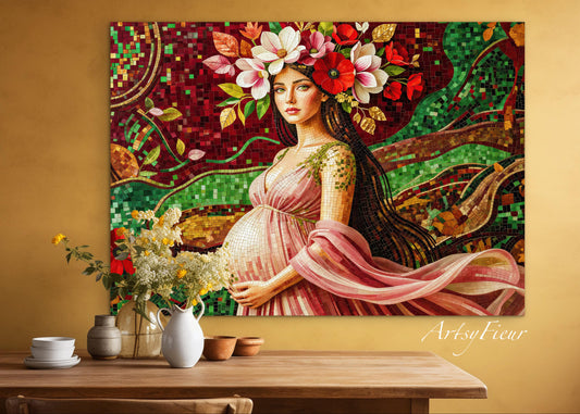 Framed Canvas- Vibrant Magnolia Flowers Beautiful Brunette Pregnant Woman’s Abstract Portrait Mosaic Original Artwork Fantasy Wall Art Print Mother Nature