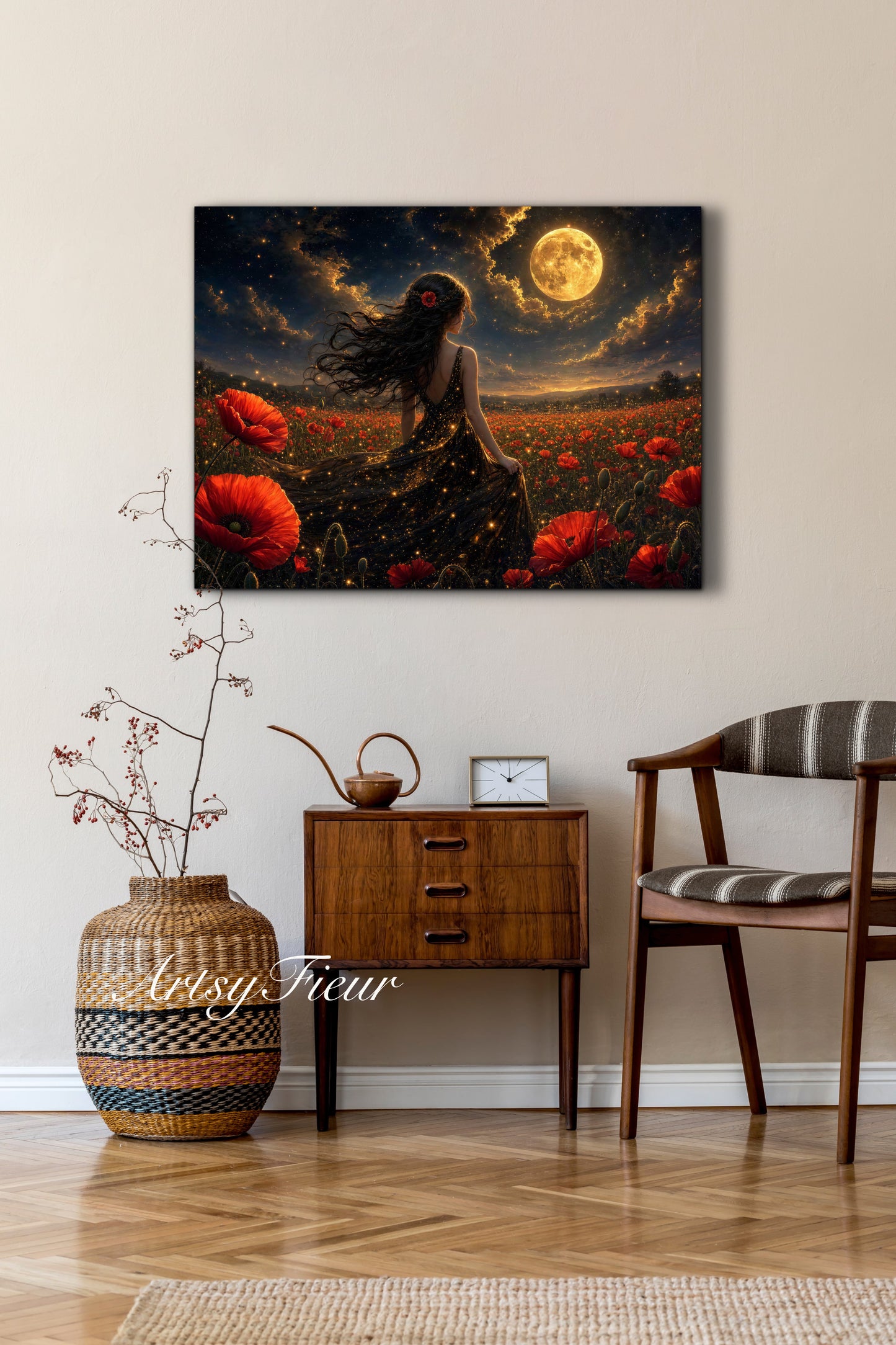 Framed Canvas - Vibrant Poppies Whimsical Full Moon Bride in Poppy Field, Wall Art Ready to hang Oil Painting Original Artwork Print Black Wedding Dress
