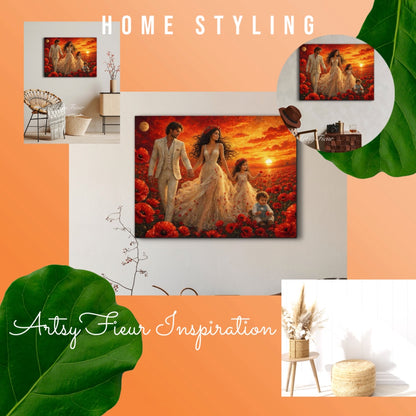 Framed Canvas- Vibrant Poppies Field Bride Groom Mother Daughter and Baby boy Portrait Whimsical Full Moon Sunset Fantasy Oil Painting Wall Art Print