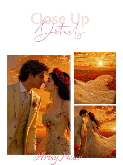 Framed canvas- whimsical full moon sunset bride and groom, wedding, poppy field, vibrant colours living room original artwork, fantasy oil painting wall art print