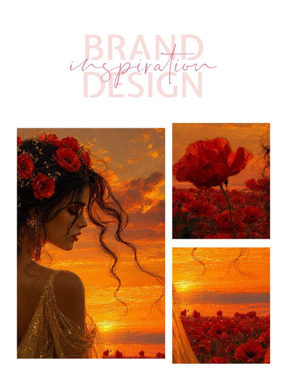 Framed Canvas - Vibrant Poppies Whimsical Full Moon Bride in Poppy Field, Wall Art Ready to hang Oil Painting Original Artwork Print