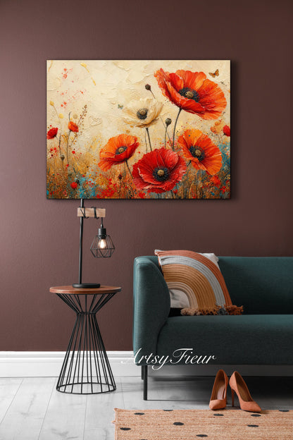 Framed Canvas- Beautiful Vibrant Poppies Abstract Oil Painting Floral Canvas Print Colourful Living Room Wall Art