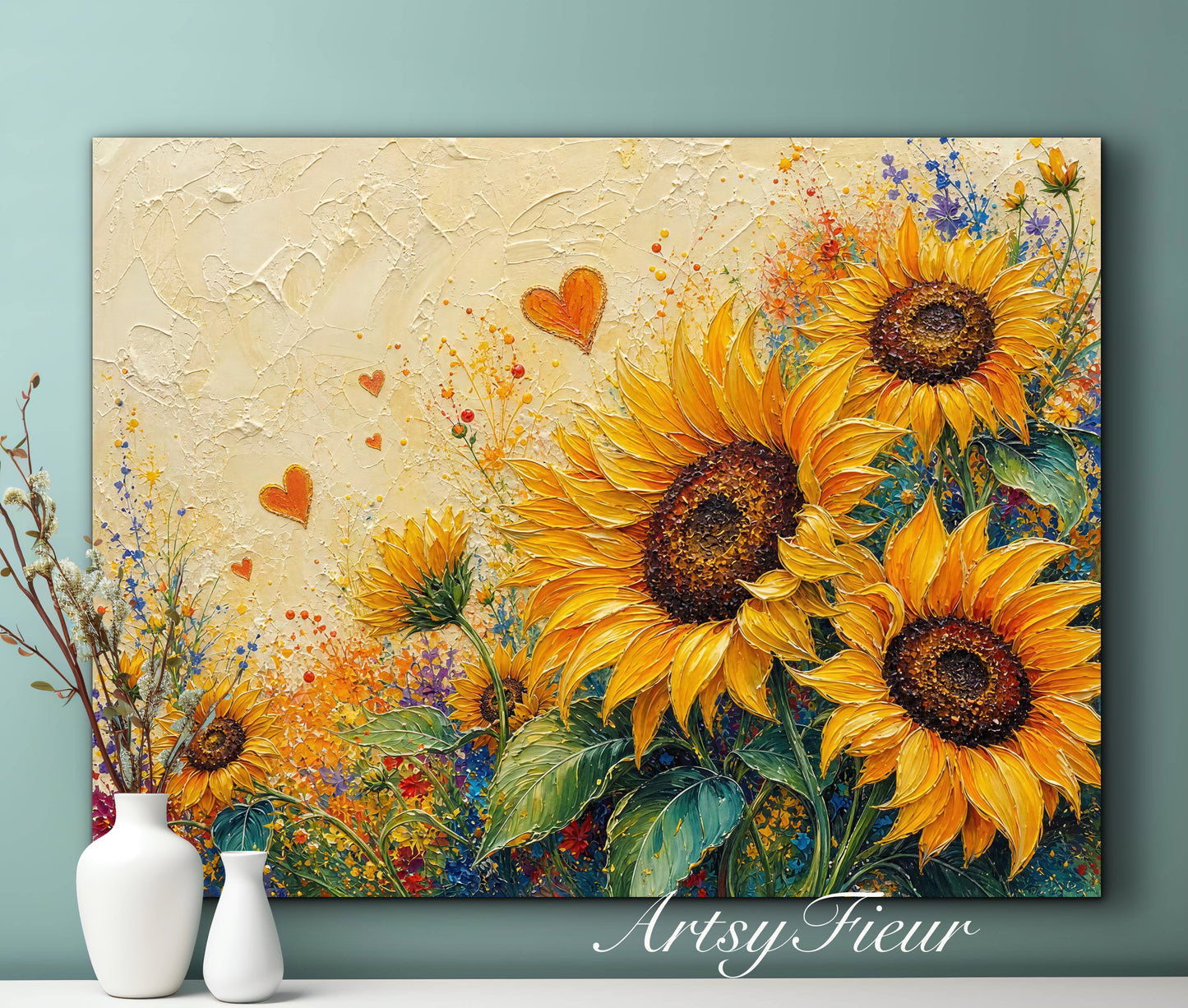 Framed Canvas Print- Vibrant Wildflowers and sunflowers Oil Painting Textured Wall Art , Beautiful Original Artwork Ready to Hang Living Room, Floral