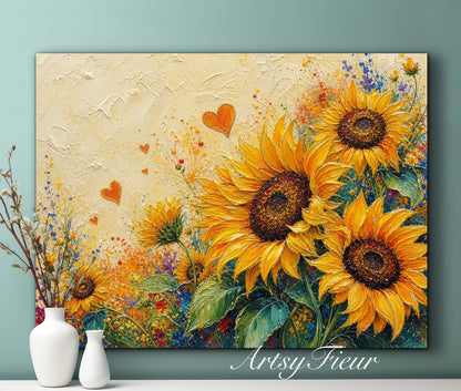 Framed Canvas Print- Vibrant Wildflowers and sunflowers Oil Painting Textured Wall Art , Beautiful Original Artwork Ready to Hang Living Room, Floral