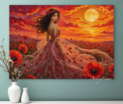 Framed Canvas - Vibrant Poppies Whimsical Full Moon Bride in Poppy Field, Wall Art Ready to hang Oil Painting Original Artwork Print