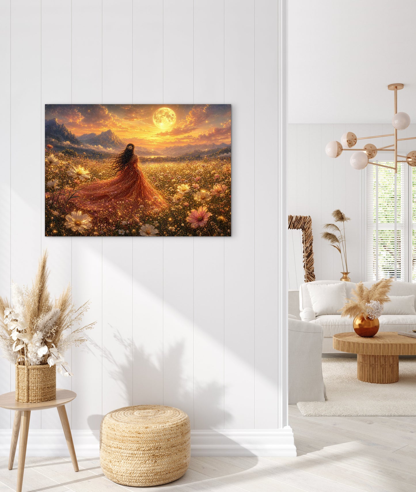 Framed Canvas- Abstract Portrait Beautiful Bride Wildflowers Field Whimsical Full Moon Fantasy Painting Art Print